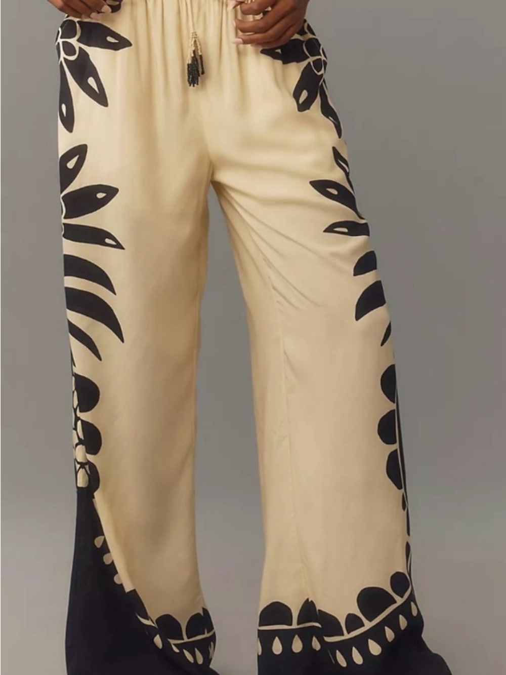 FARM Rio Cream Wide-Leg Pants with Black Floral Trim - Picture 2 of 6